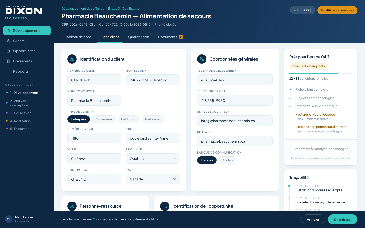 Aperçu de la version 1 : fiche client et qualification
